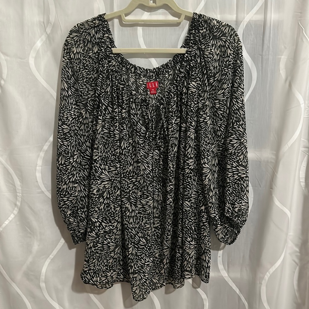 Elle, Black & Beige Print, Lightweight, Sheer Top, Size 3X